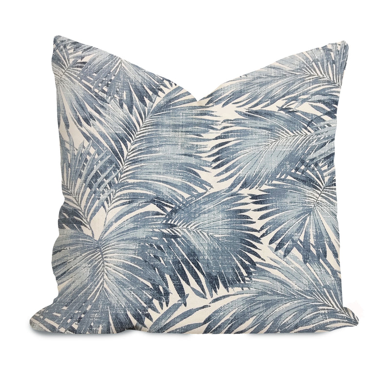Tropical Palm Leaves Cushion, Blue White Throw Pillow, Outdoor