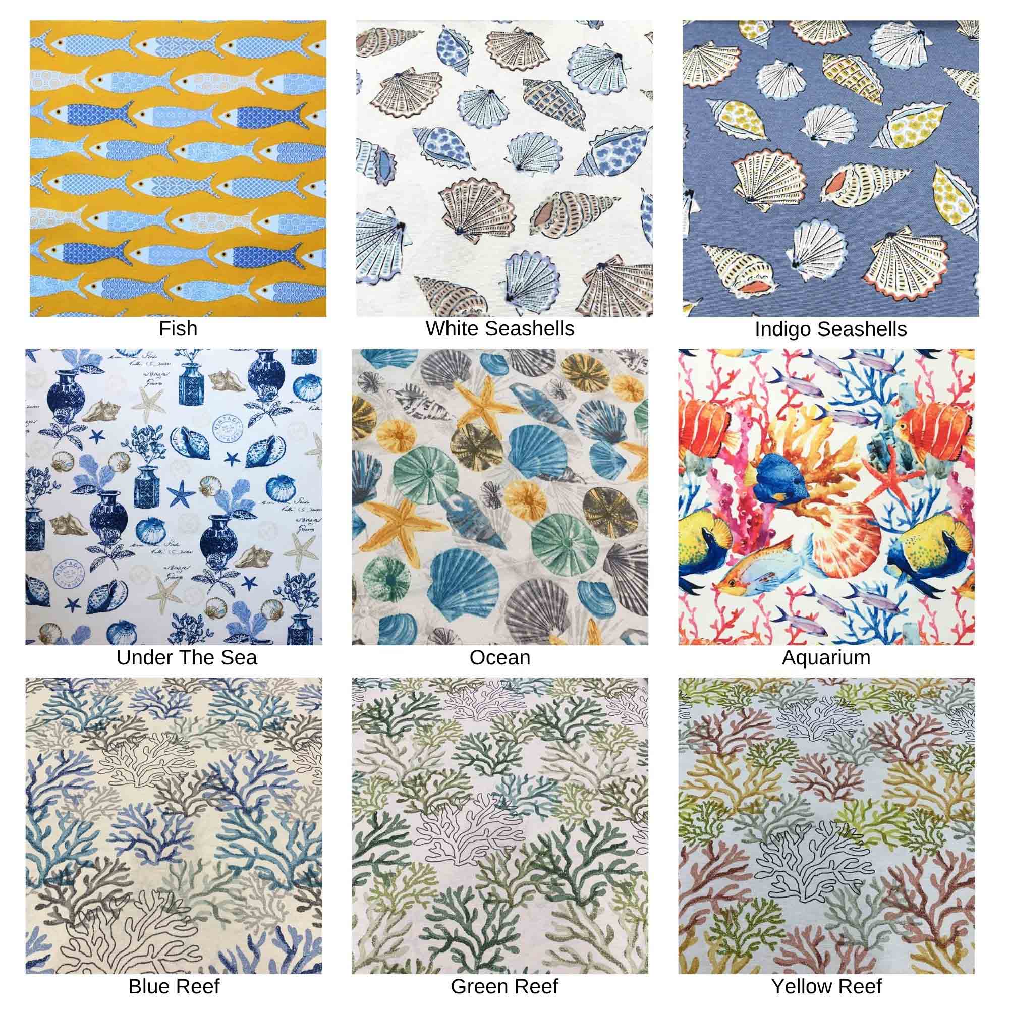 Nautical coastal fabric for upholstery & curtain printed in fish, sea shell, coral reef patterns in blue, white, yellow, green and red.