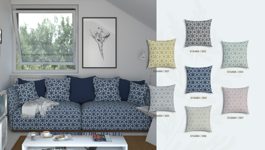Living room decorated with blue moroccan patterned sofa and colourful moroccan patterned cushions.