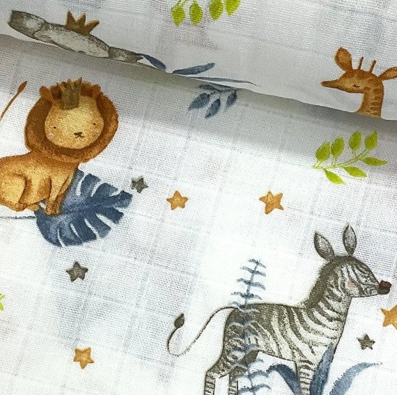 Wild animal printed 100% cotton double gauze muslin fabric for babies and nursery.