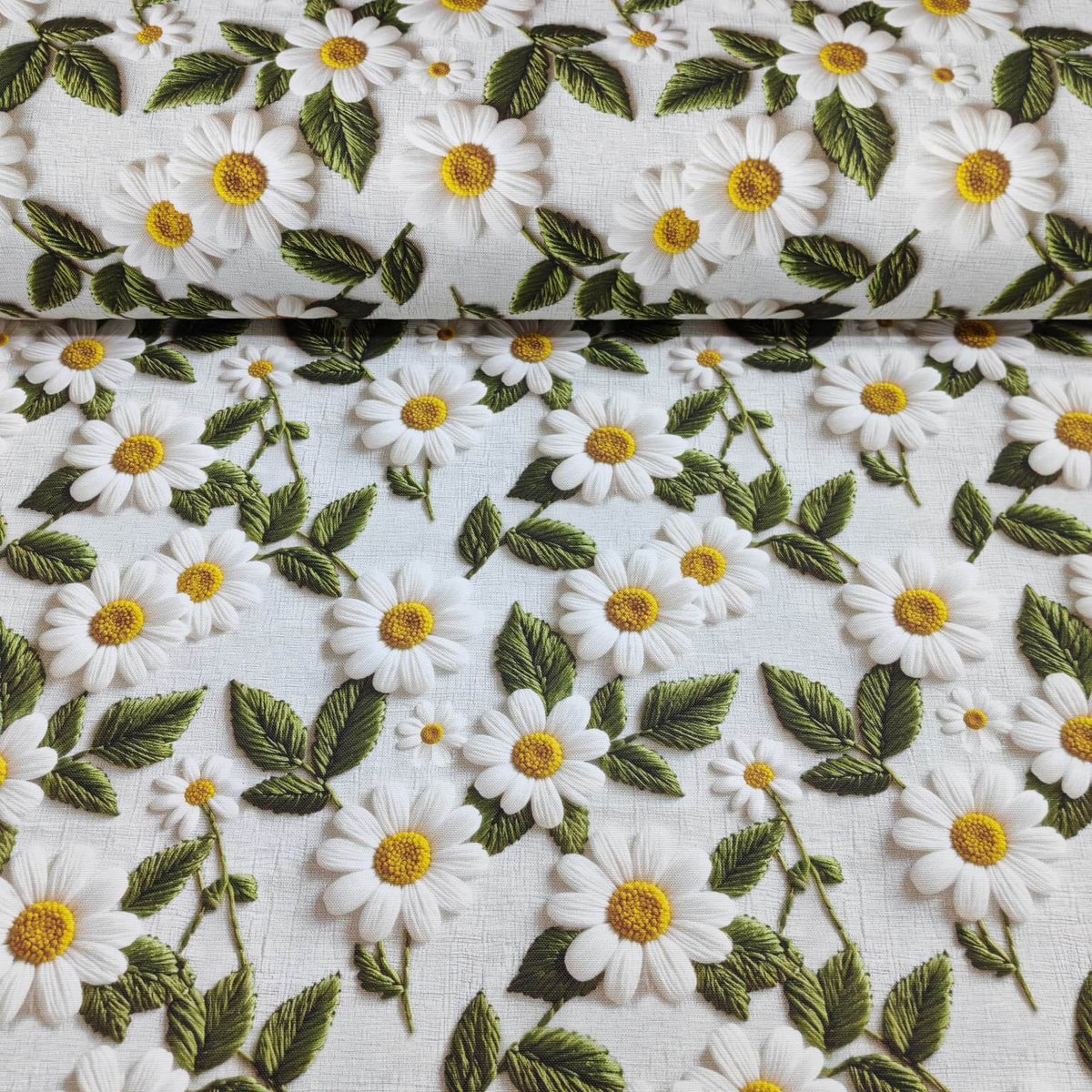 3d embroidery floral upholstery fabric in white, yellow and green.