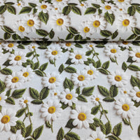 3d embroidery floral upholstery fabric in white, yellow and green.