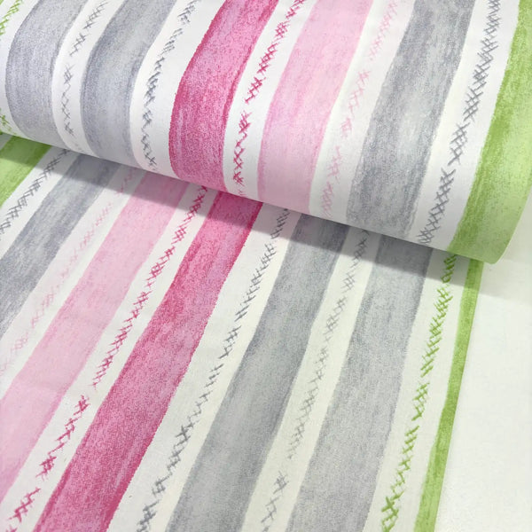 Grey, pink and green pastel painterly stripe cotton poplin fabric featuring hand-painted effect stripes on a white background.