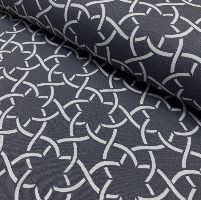 Dark grey charcoal white art deco floral print upholstery curtain fabric.
