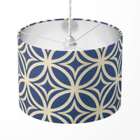 Navy blue and beige geometric circles pattern drum lampshade.