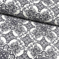 Grey white floral spanish tile patterned upholstery curtain fabric.