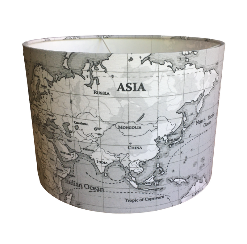 World Map Lamp Shade, Grey Drum Lampshade, Atlas Handmade Pendant Shade