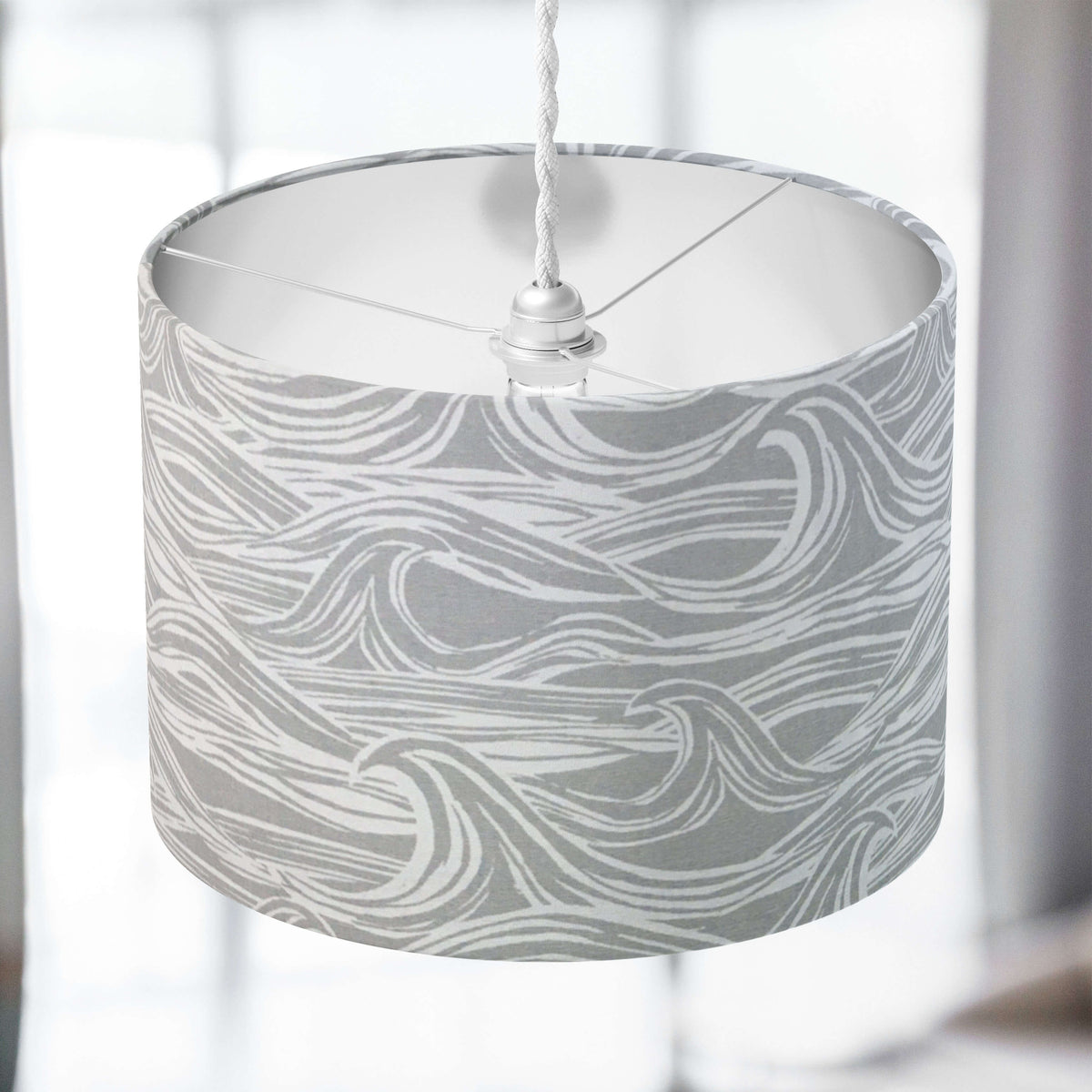 Grey beach, sea, waves print ceiling drum lampshade.