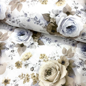 Beige roses cotton poplin fabric with large 3D floral print, ivory roses and delicate botanical flowers on a white background, ideal for quilting and dressmaking.