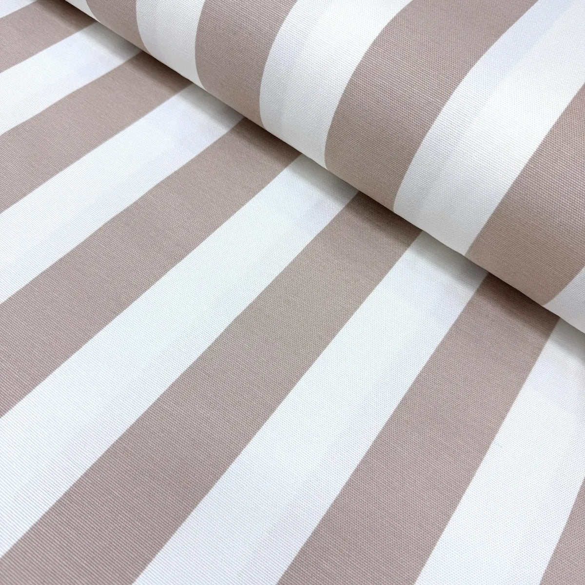 Large striped upholstery fabric with beige and white horizontal stripes.