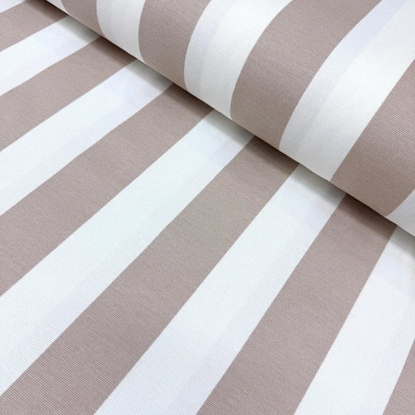 Large striped upholstery fabric with beige and white horizontal stripes.