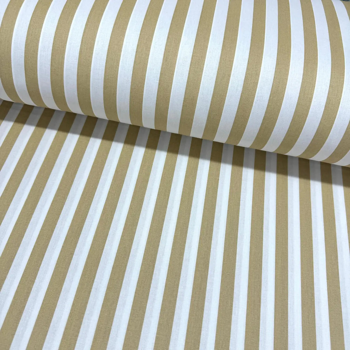 Beige and white striped 100% cotton poplin fabric featuring classic tan stripes, ideal for quilting, dressmaking, patchwork, crafts and home décor.