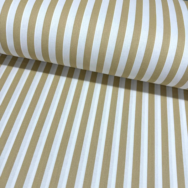 Beige and white striped 100% cotton poplin fabric featuring classic tan stripes, ideal for quilting, dressmaking, patchwork, crafts and home décor.