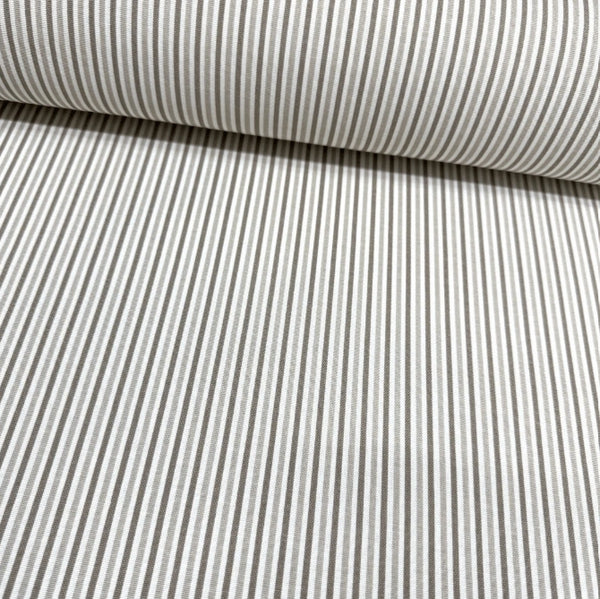 Beige tan and white pinstripe fabric for upholstery curtain soft furnishing and home decor crafts.