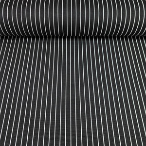 Roll of black fabric with white vertical pin stripes cotton canvas upholstery fabric