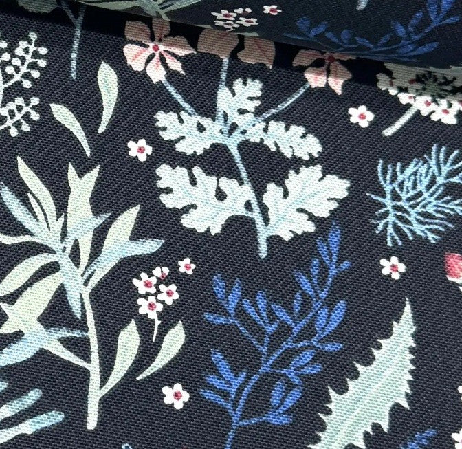 Close-up of floral upholstery fabric.