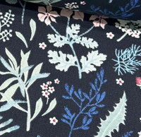 Close-up of floral upholstery fabric.