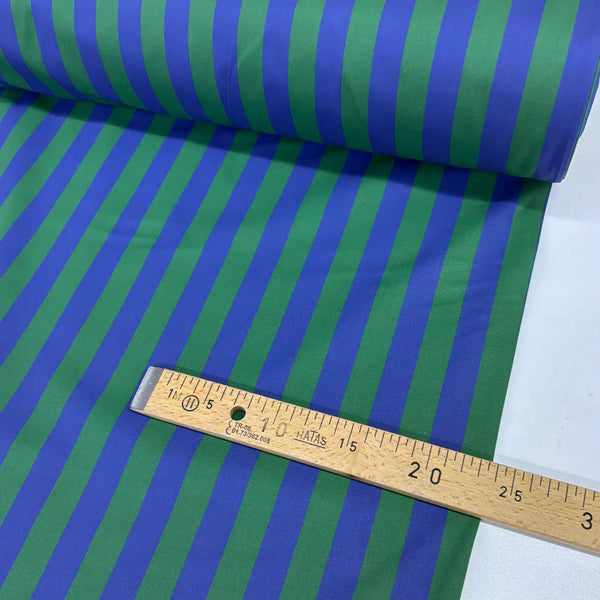 Blue and green retro stripe 100% cotton fabric featuring bold alternating stripes, ideal for dressmaking, quilting, patchwork and craft projects.