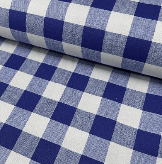 Blue and white gingham plaid cotton canvas fabric