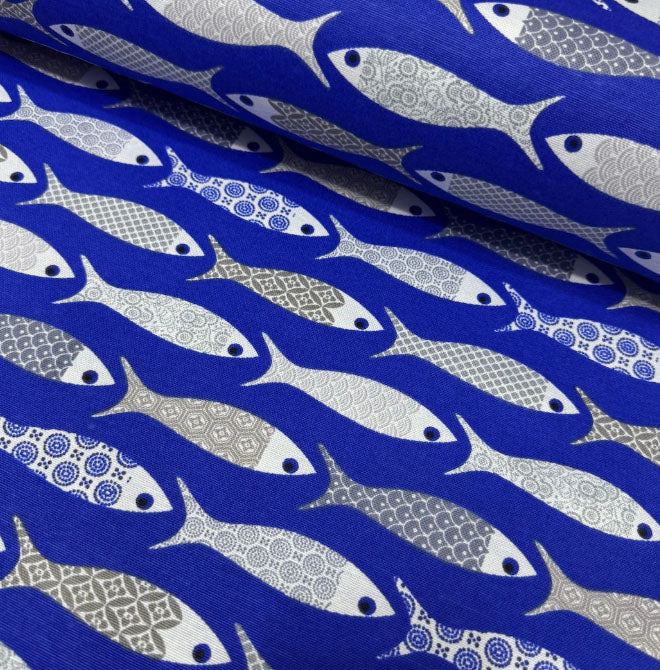 Fish Print Fabric, Nautical Ocean Royal Blue Upholstery Curtain Fabric