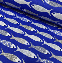 Fish Print Fabric, Nautical Ocean Royal Blue Upholstery Curtain Fabric