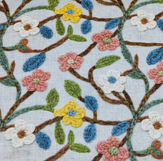 Pink and blue blossom floral and green leaves pattern upholstery fabric.