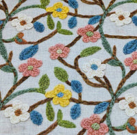 Pink and blue blossom floral and green leaves pattern upholstery fabric.