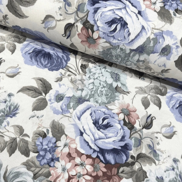 Pale blue roses, blush pink flowers and sage green leaves print fabric for upholstery, curtain, soft furnishing and home decor.