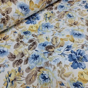 Blue Floral Upholstery Fabric, Vintage Yellow Rose Curtain Fabric