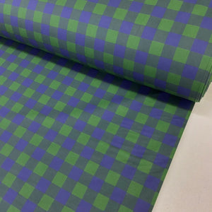 Blue and green check cotton fabric with a modern buffalo plaid pattern ideal for dressmaking, quilting and craft projects.