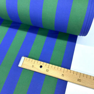 Blue and green wide stripe 100% cotton fabric with bold vertical stripes, ideal for dressmaking, quilting, patchwork and craft projects.