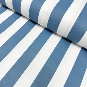 Teal blue and white large striped upholstery curtain fabric.