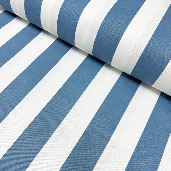 Teal blue and white large striped upholstery curtain fabric.