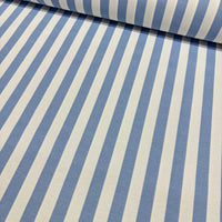 Light blue and white stripe patterned upholstery curtain fabric.
