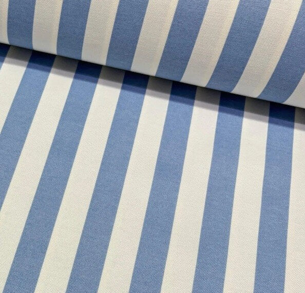 Sky blue and white thin stripe print upholstery curtain fabric.
