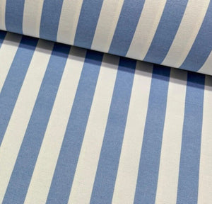 Sky blue and white thin stripe print upholstery curtain fabric.