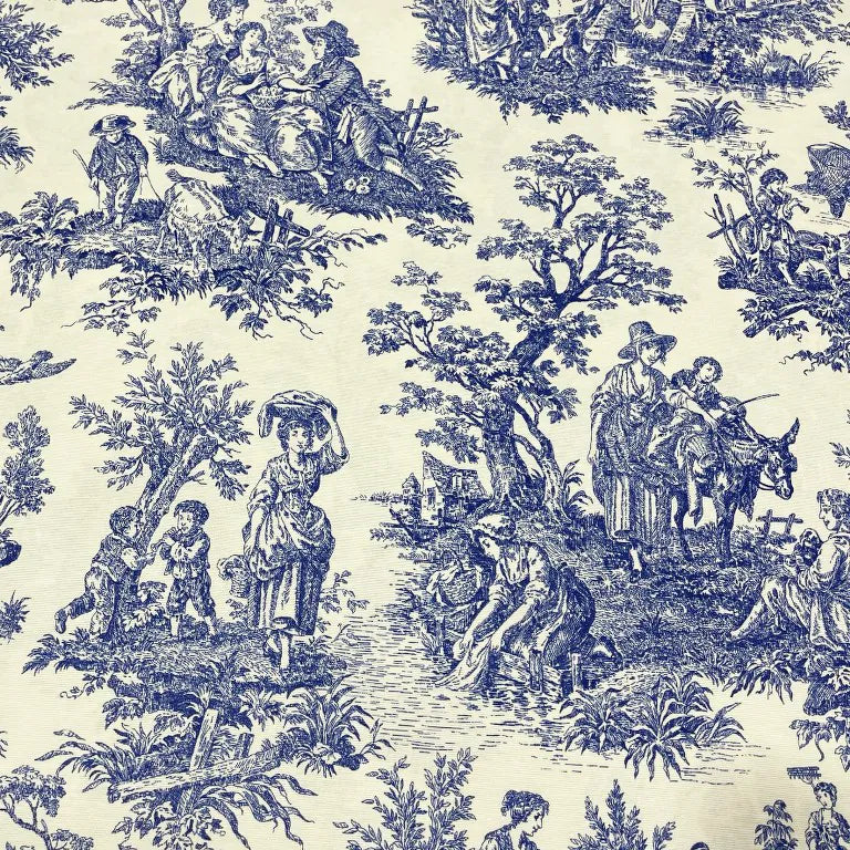 Vintage style toile upholstery fabric patterned with blue village people, trees and nature on an ivory white background.