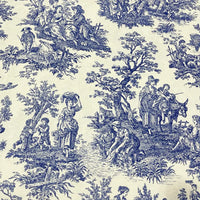 Vintage style toile upholstery fabric patterned with blue village people, trees and nature on an ivory white background.