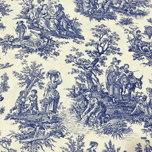 Vintage style toile upholstery fabric patterned with blue village people, trees and nature on an ivory white background.