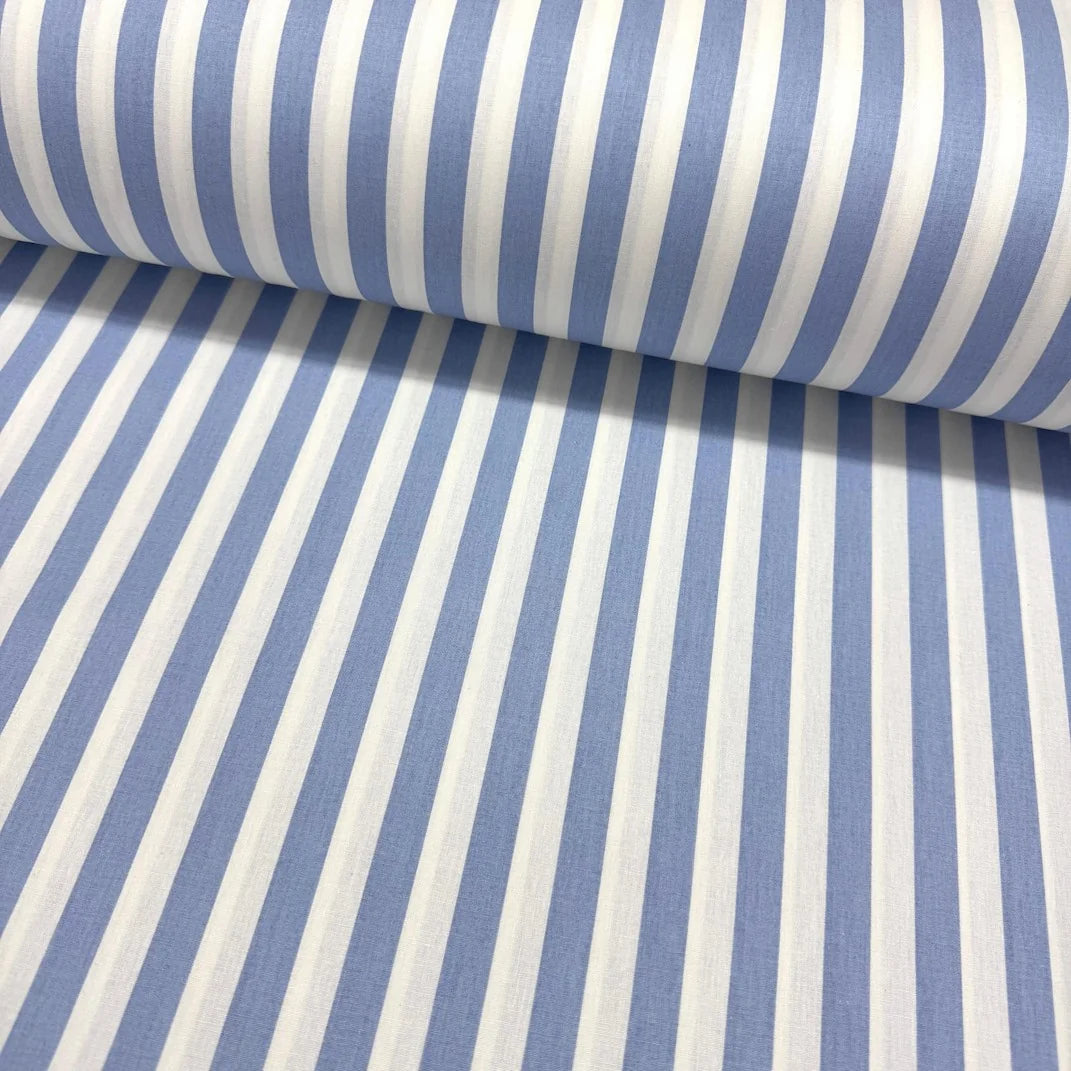 Blue and white baby blue striped 100% cotton poplin fabric for quilting, dressmaking, patchwork, nursery sewing, crafts and home décor.