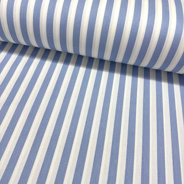 Blue and white baby blue striped 100% cotton poplin fabric for quilting, dressmaking, patchwork, nursery sewing, crafts and home décor.
