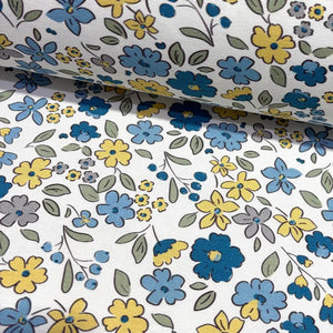 Blue yellow floral meadow fabric for upholstery & curtain.