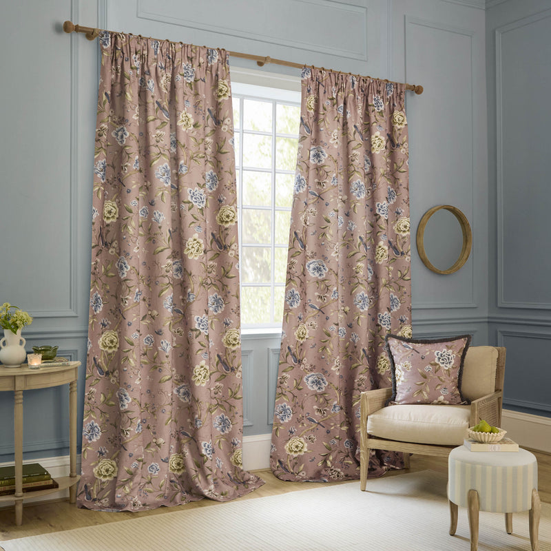 Sanderson Porcelain Garden Chenille Blush Pink Floral Print Curtains