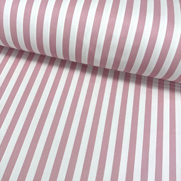 Blush pink and white striped 100% cotton poplin fabric with dusty pink vertical stripes, ideal for quilting, dressmaking, patchwork, home décor and craft projects.