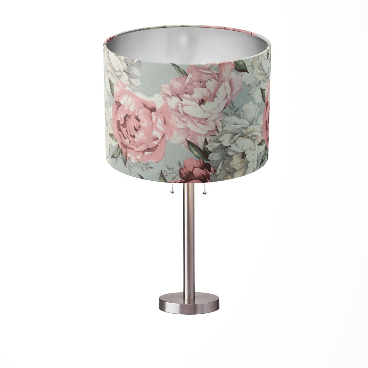 Floor lampshade with pink and white floral pattern on a white background.