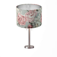 Floor lampshade with pink and white floral pattern on a white background.