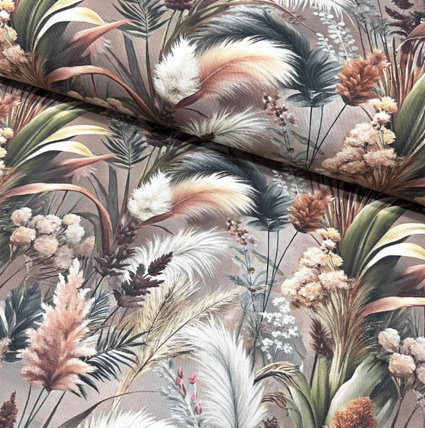 Floral and feather patterned pampas grass upholstery fabric in blush pink, sage green and earthy colours. 