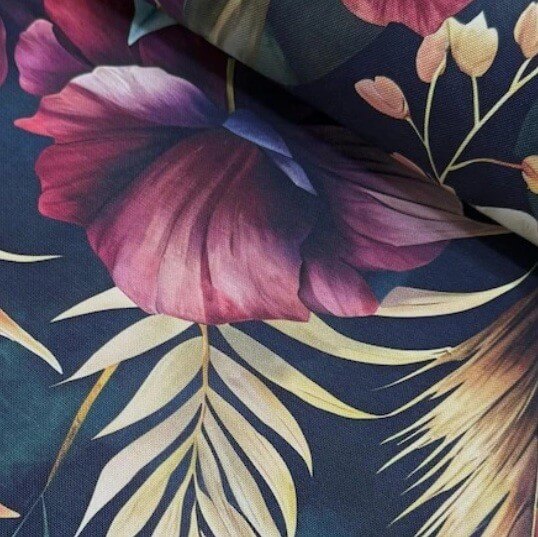 Botanical dark floral leaves patterned upholstery curtain fabric.