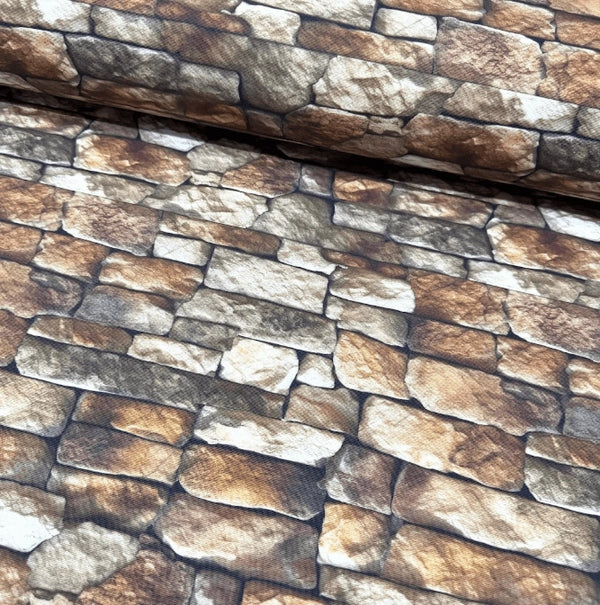 Brick wall patterned curtain upholstery fabric in brown and beige colours.