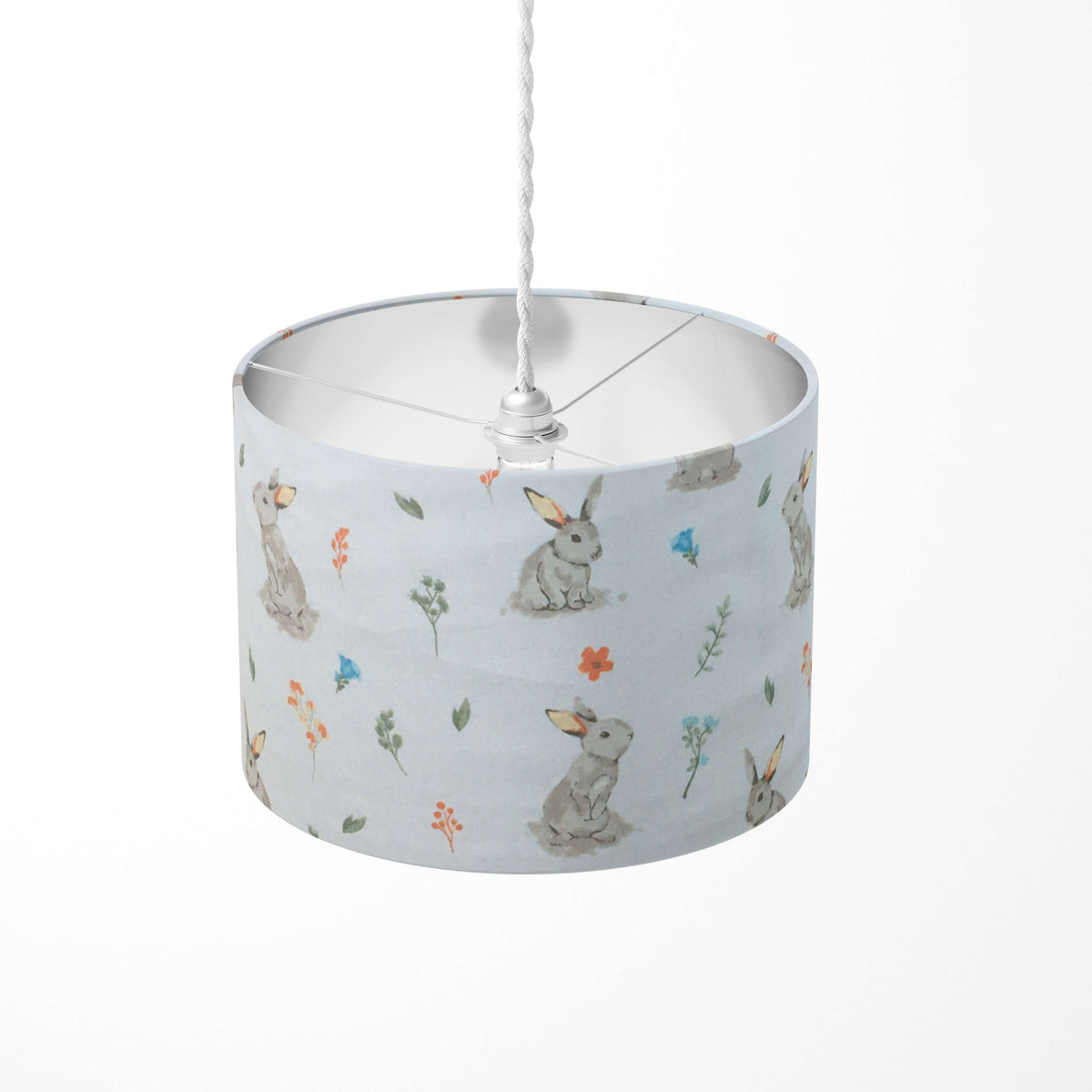 Beige bunny print kids nursery print ceiling lampshade on a white background.